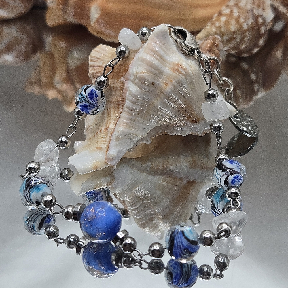 0Elegant Handmade Blue Murano Han Glass Beaded Bracelet